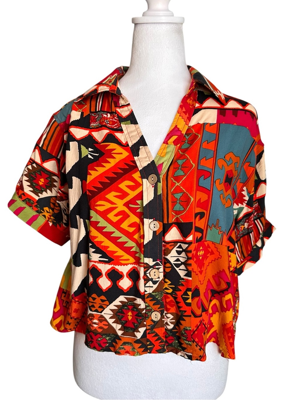 Christian Siriano Rayon Multicolored Tribal Short Sleeve Button Down Shirt Sz XS